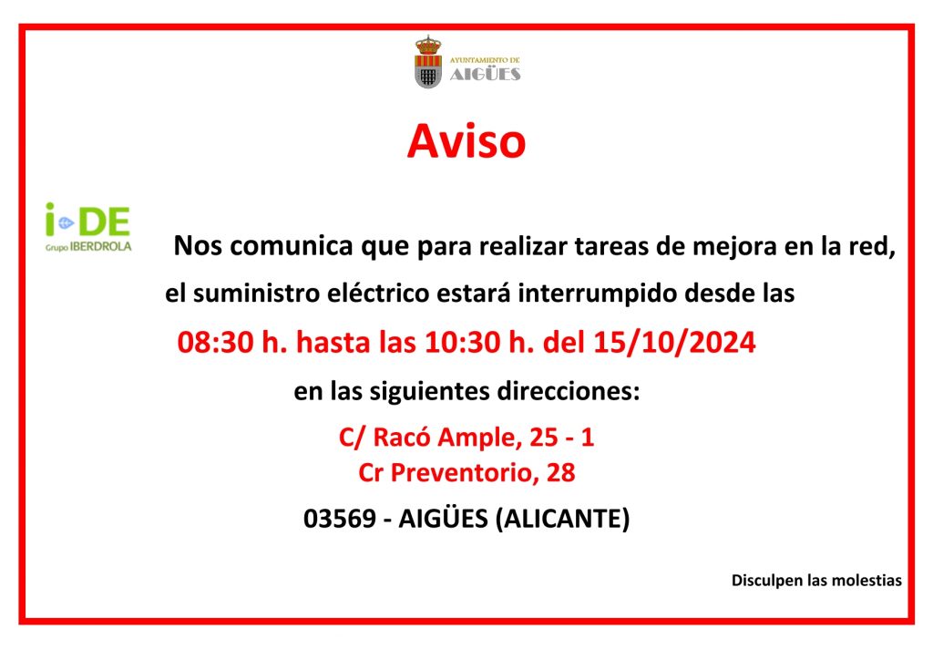 Aviso Corte Suministro Eléctrico el 15 de Octubre